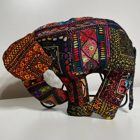 Vintage Indian Hand Embroidered Mirrored Banjara Elephant Pillow - Picture 6 of 16